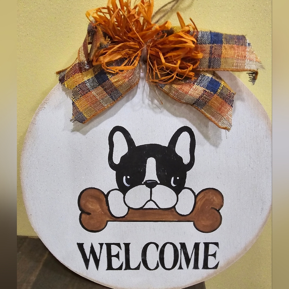 Welcome sign, white, wooden, 11.5", Boston Terrier &  bone, orange & blue ribbon